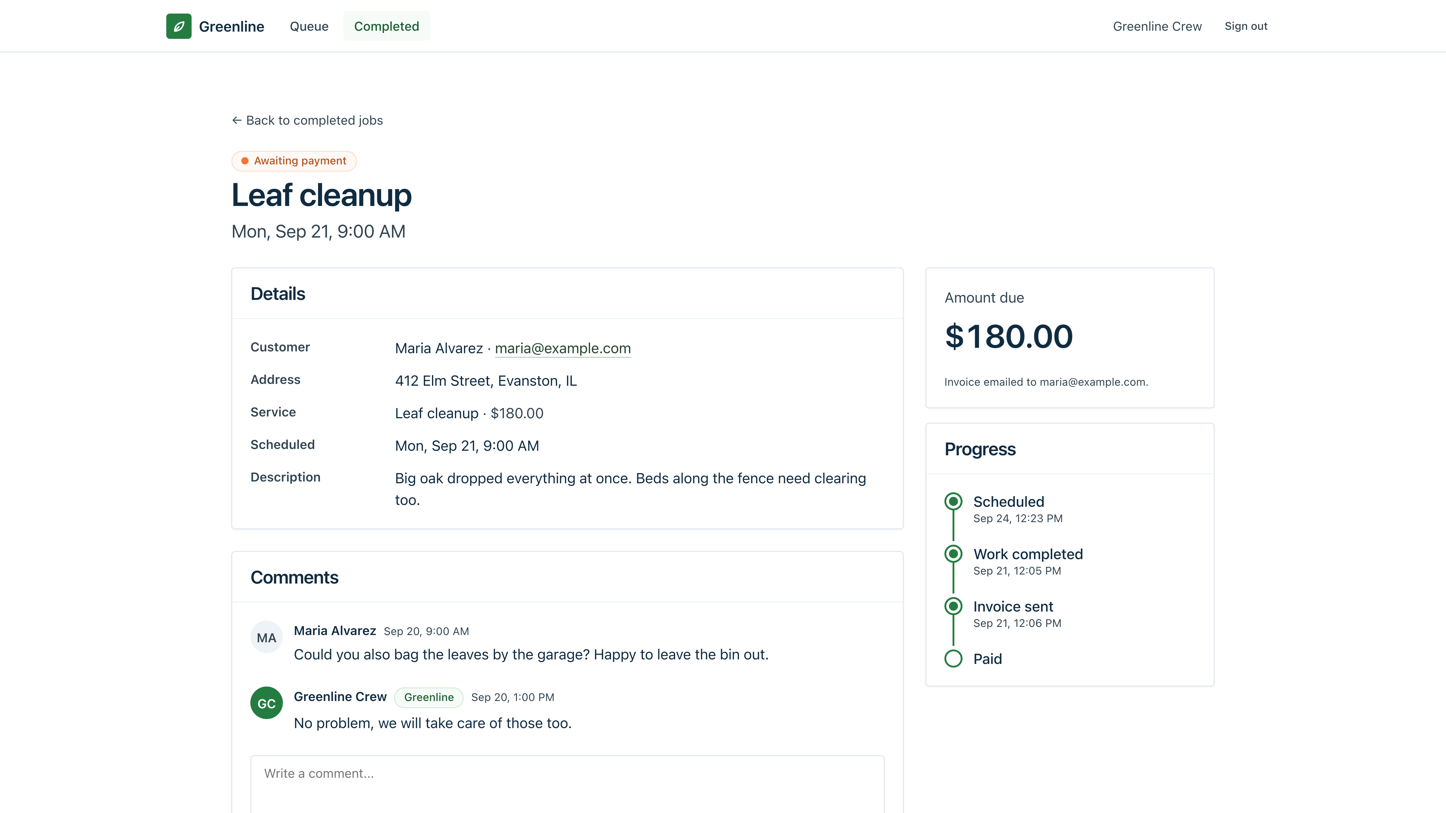 Greenline: jobs, invoices and payments for a lawn care business