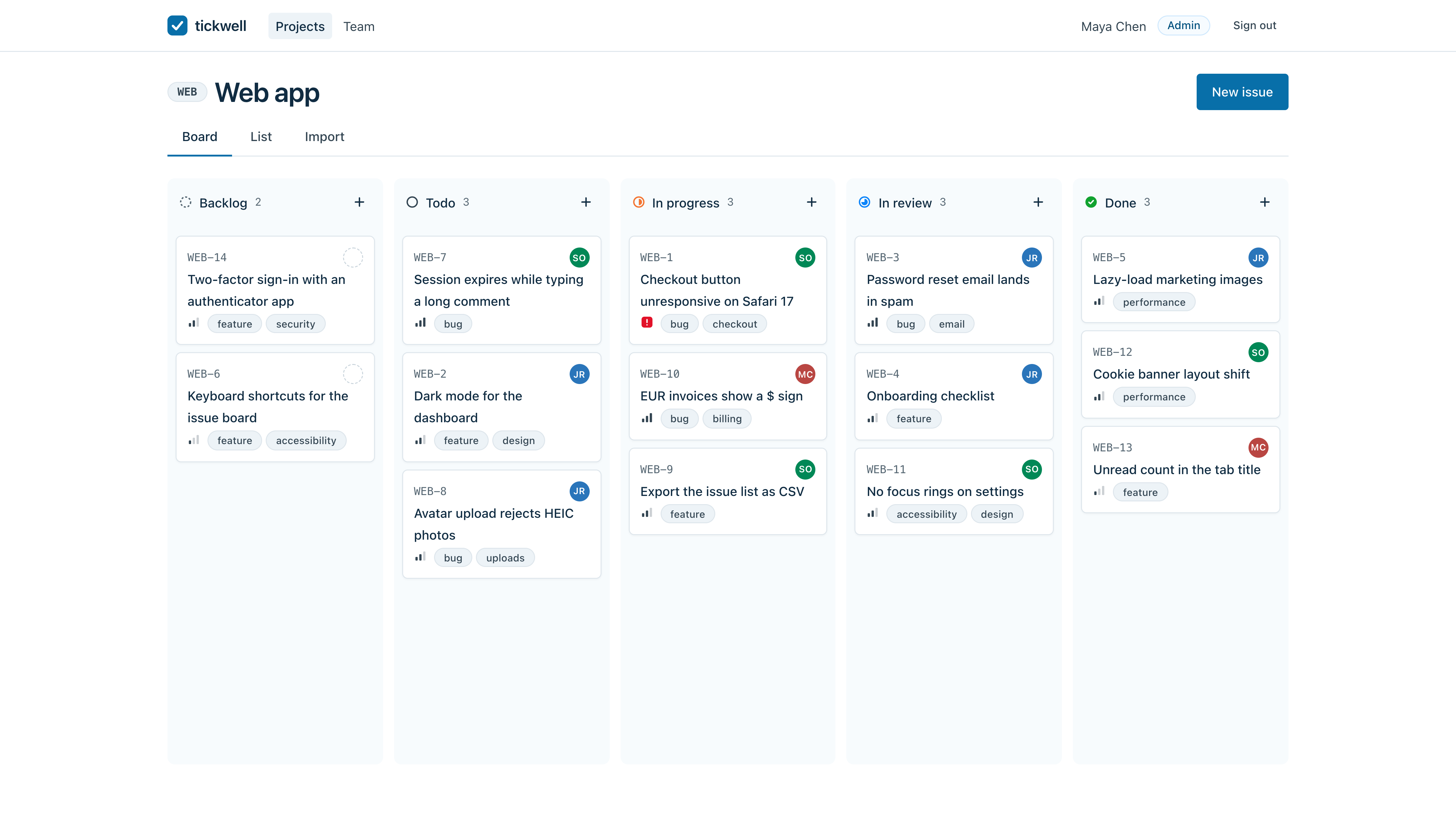 Tickwell: an issue tracker for a software team