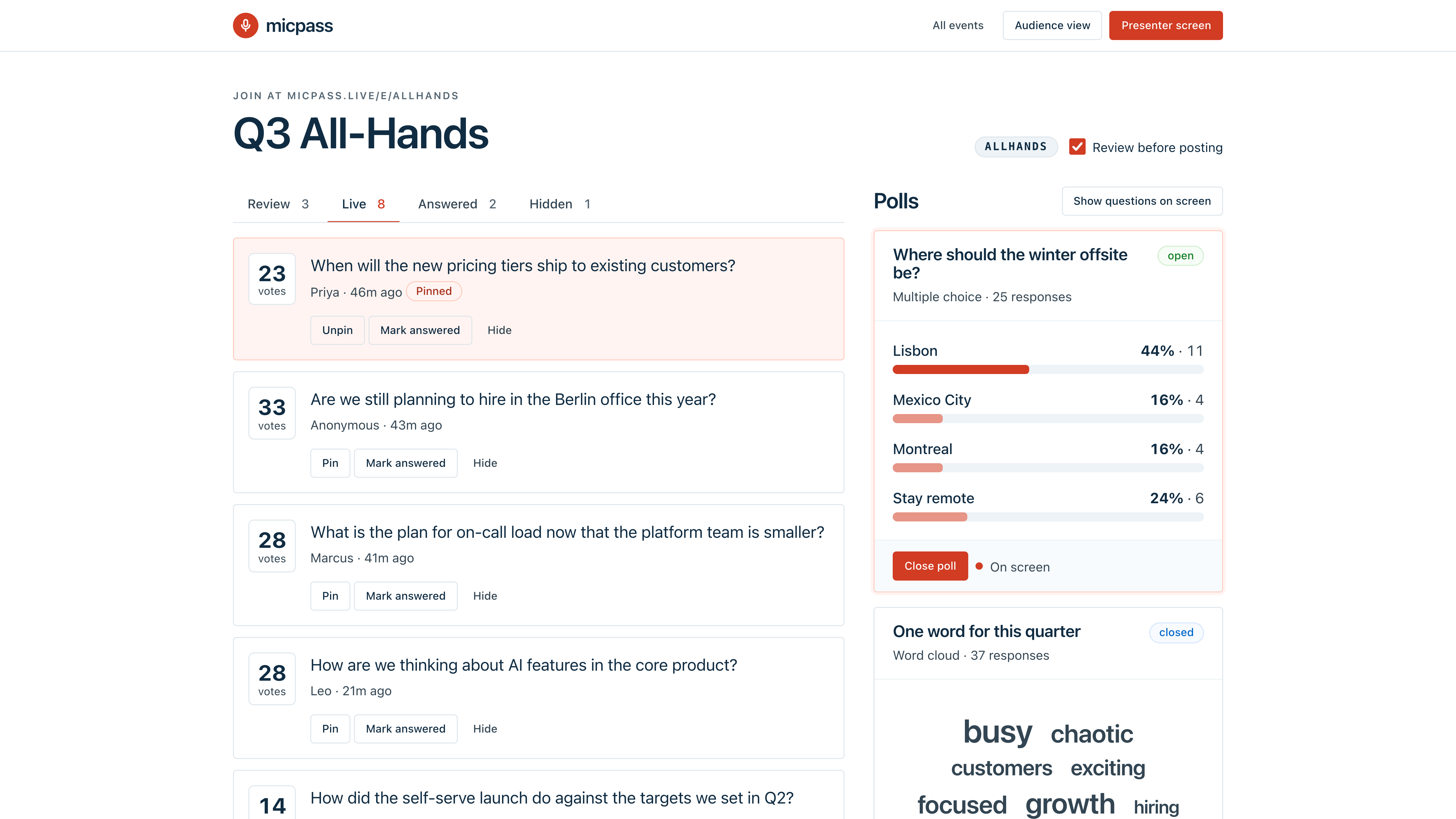 Micpass: live Q&A and polls for talks and all-hands meetings