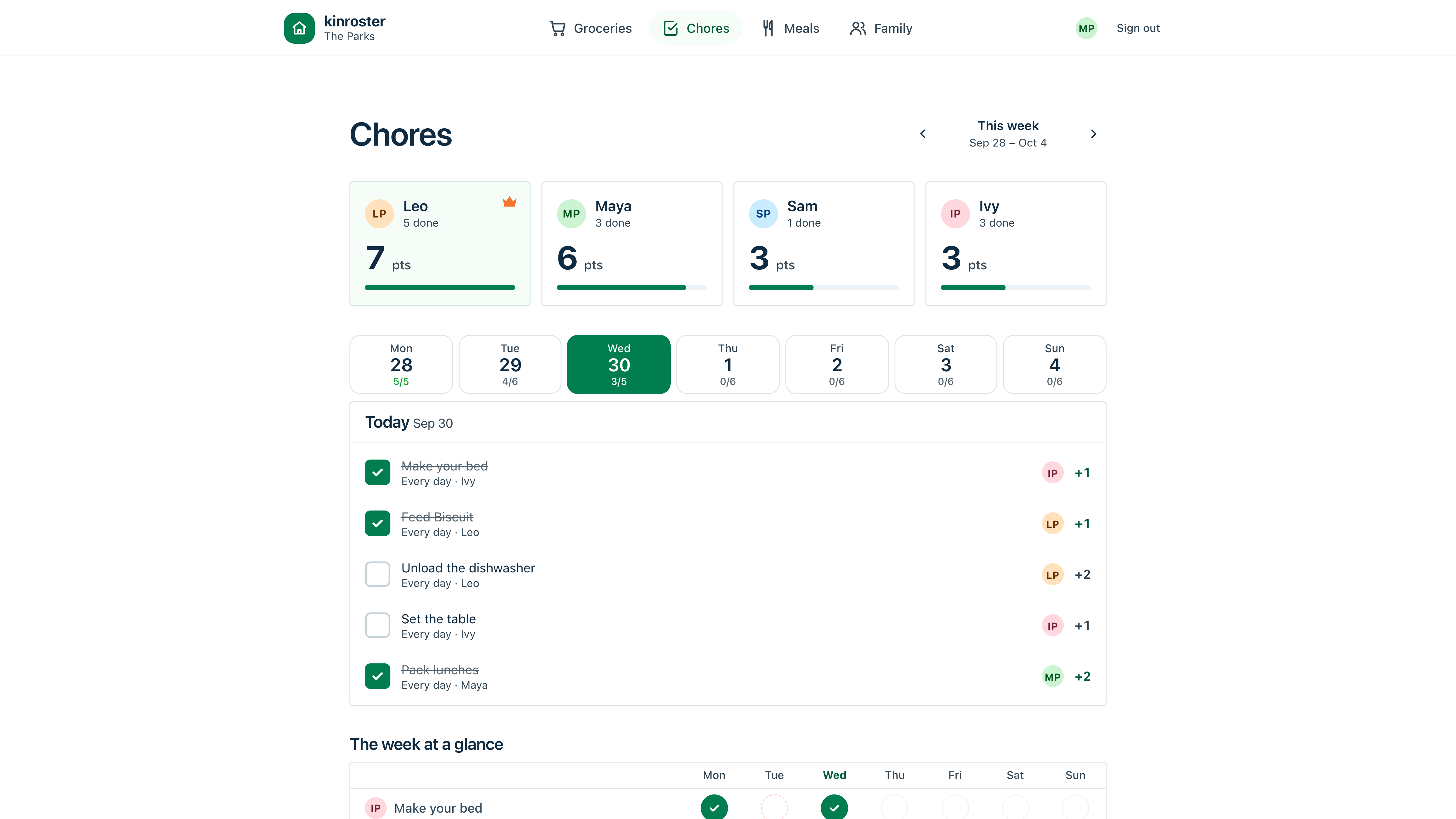 Kinroster: groceries, chores and dinners for a family