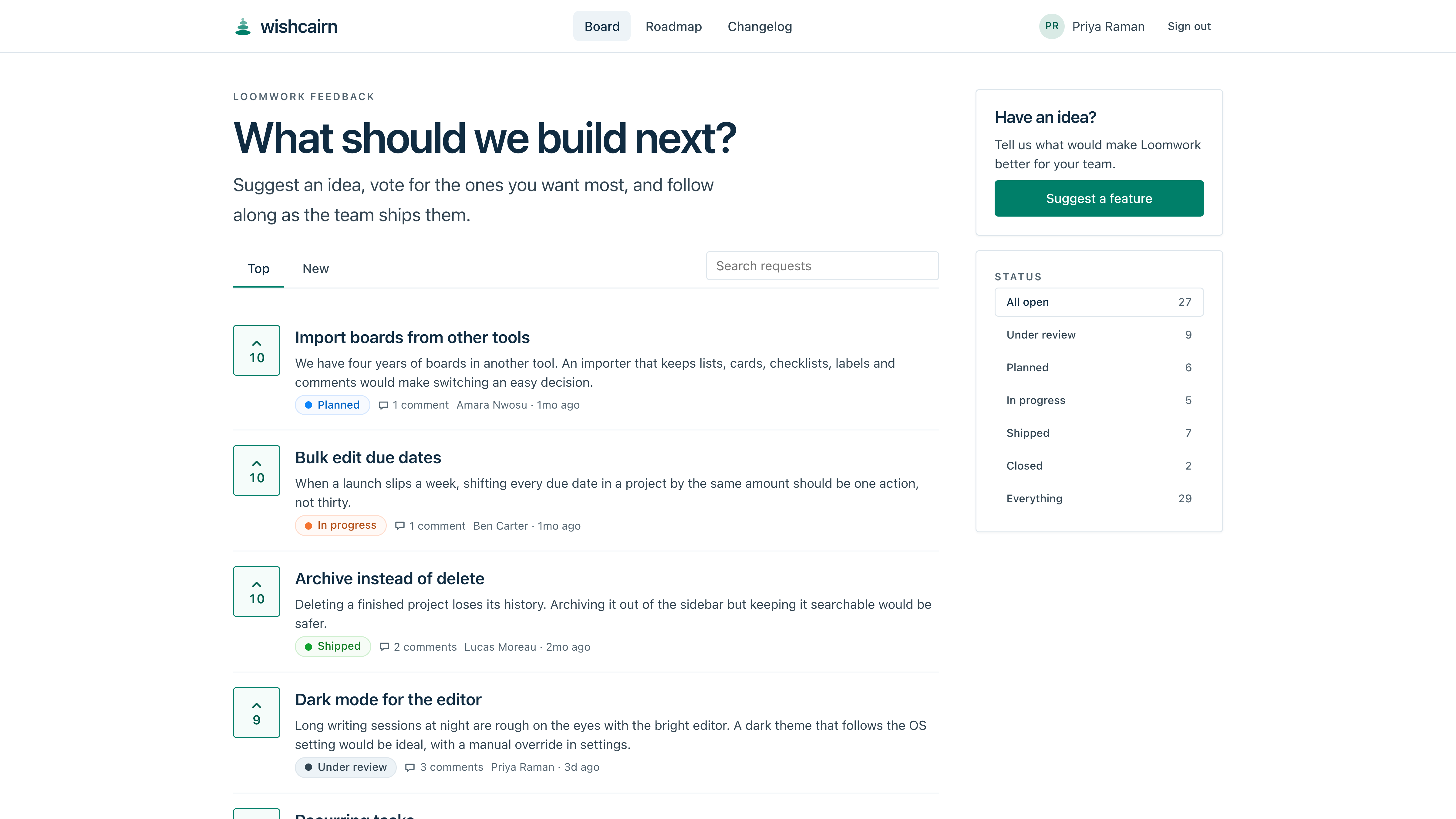 Wishcairn: a feature request board for a software company