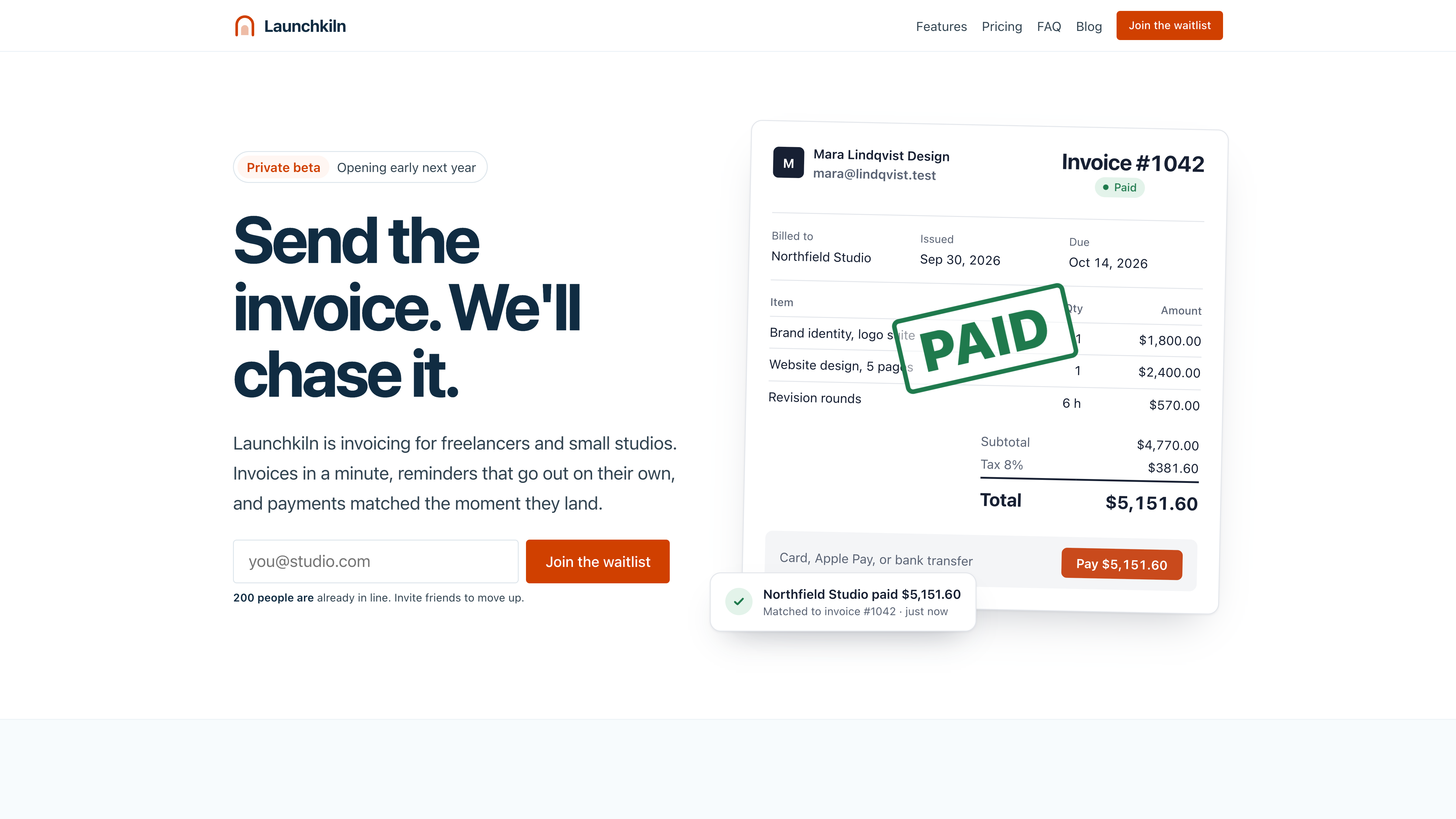 Launchkiln: a prelaunch marketing site for an invoicing startup