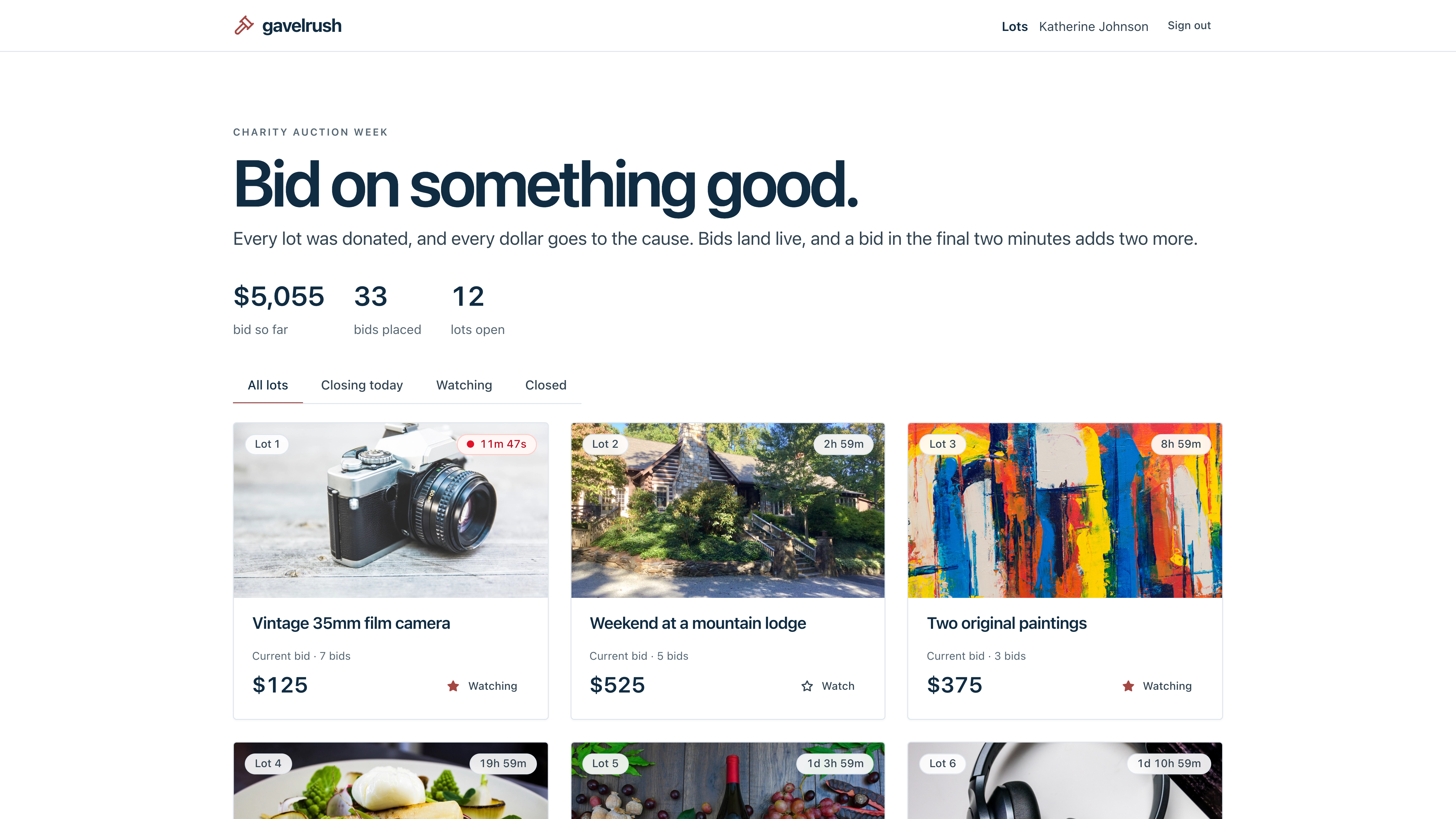 Gavelrush: a live online auction for a charity's auction week