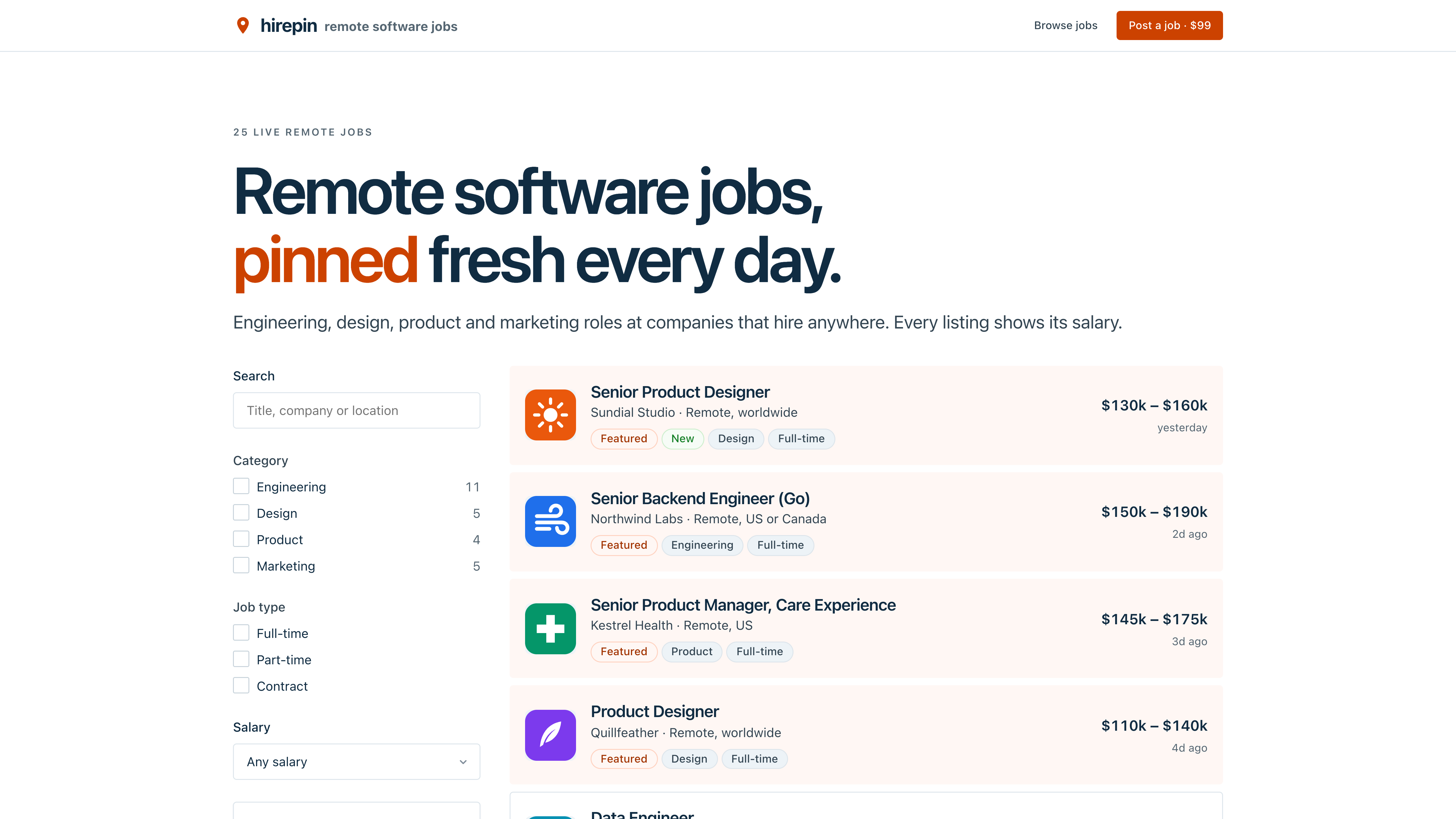 Hirepin: a remote software job board with paid and featured listings