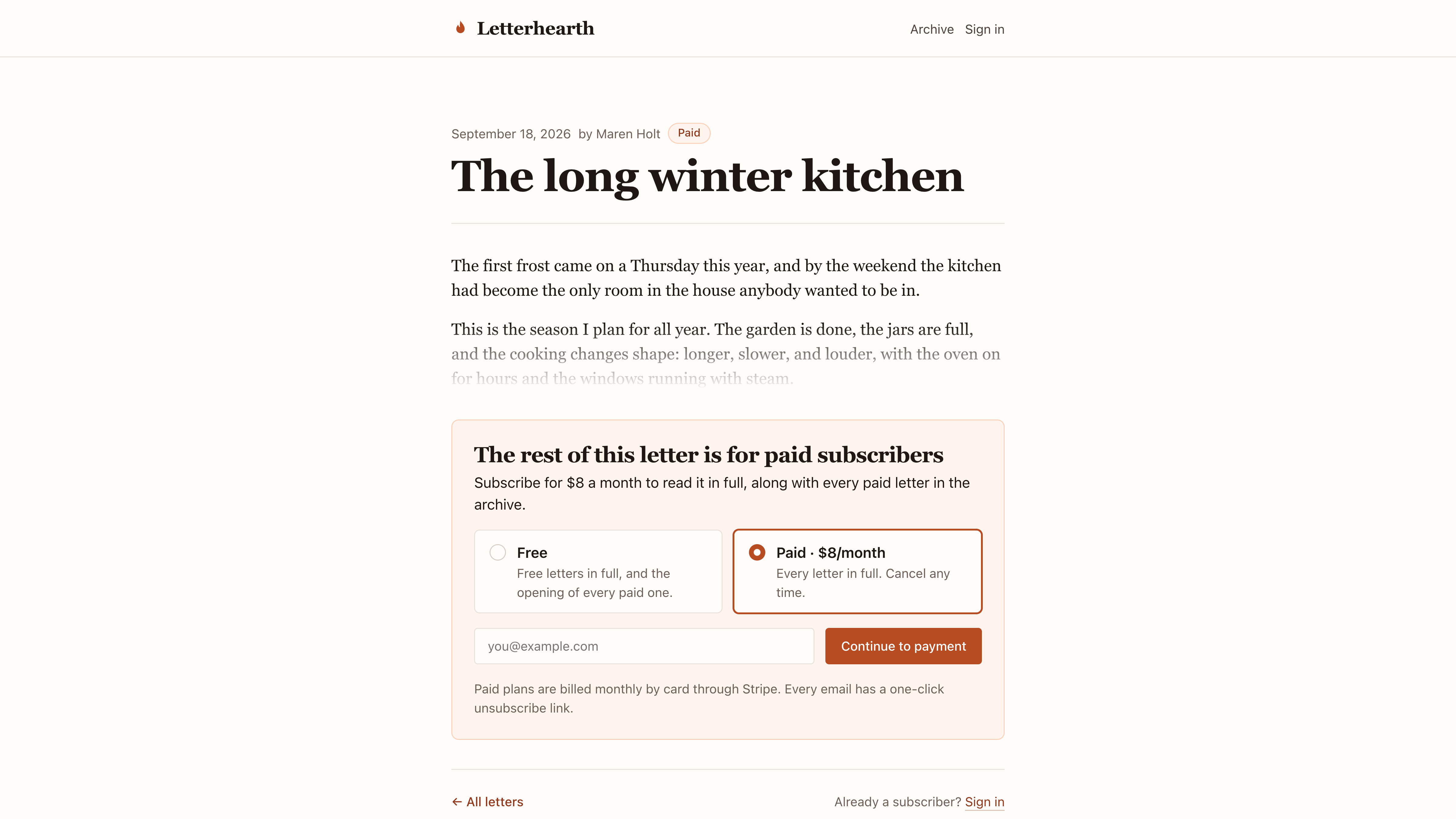 Letterhearth: a paid newsletter for an independent writer