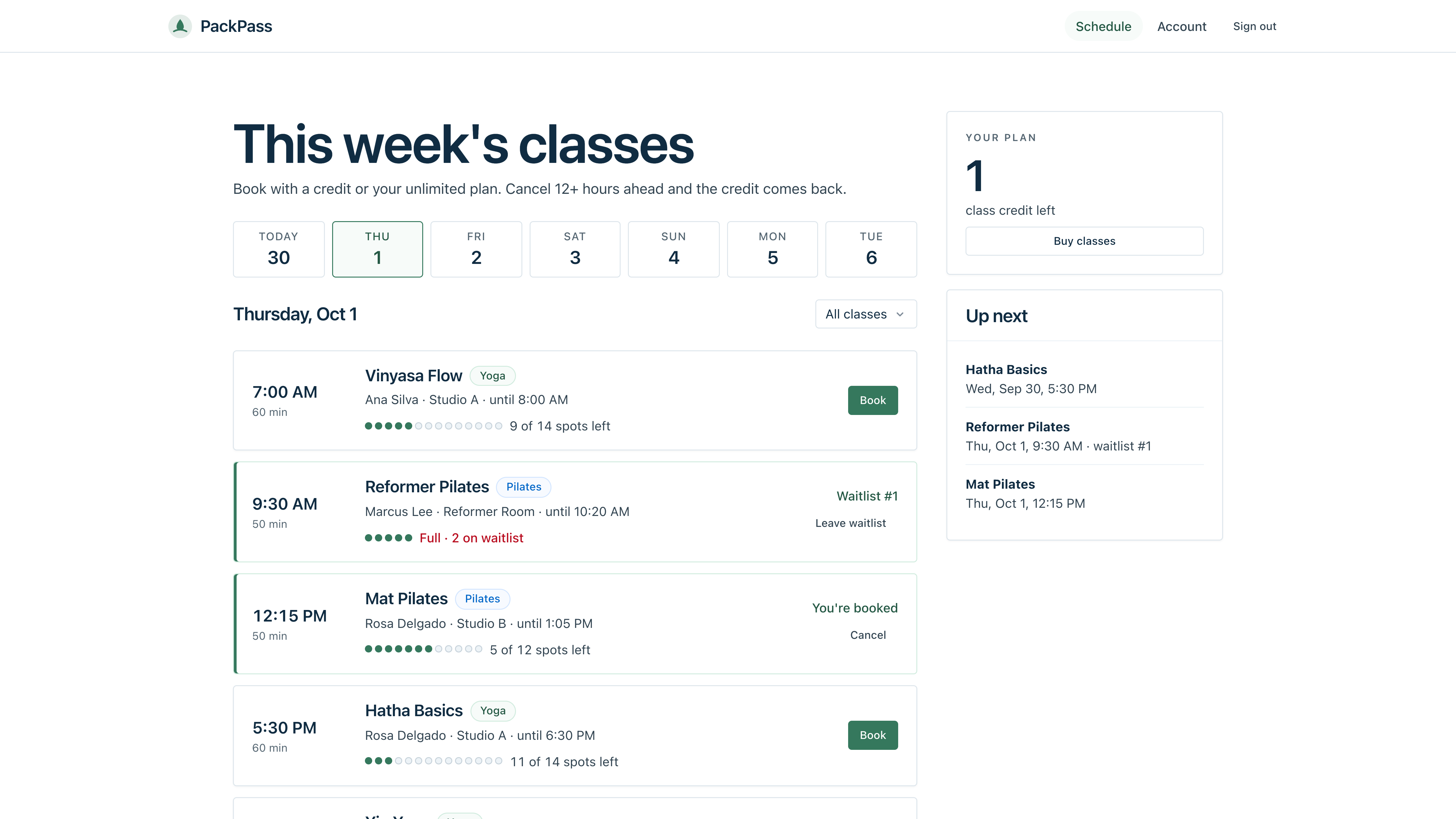 PackPass: class packs, bookings and waitlists for a yoga and Pilates studio