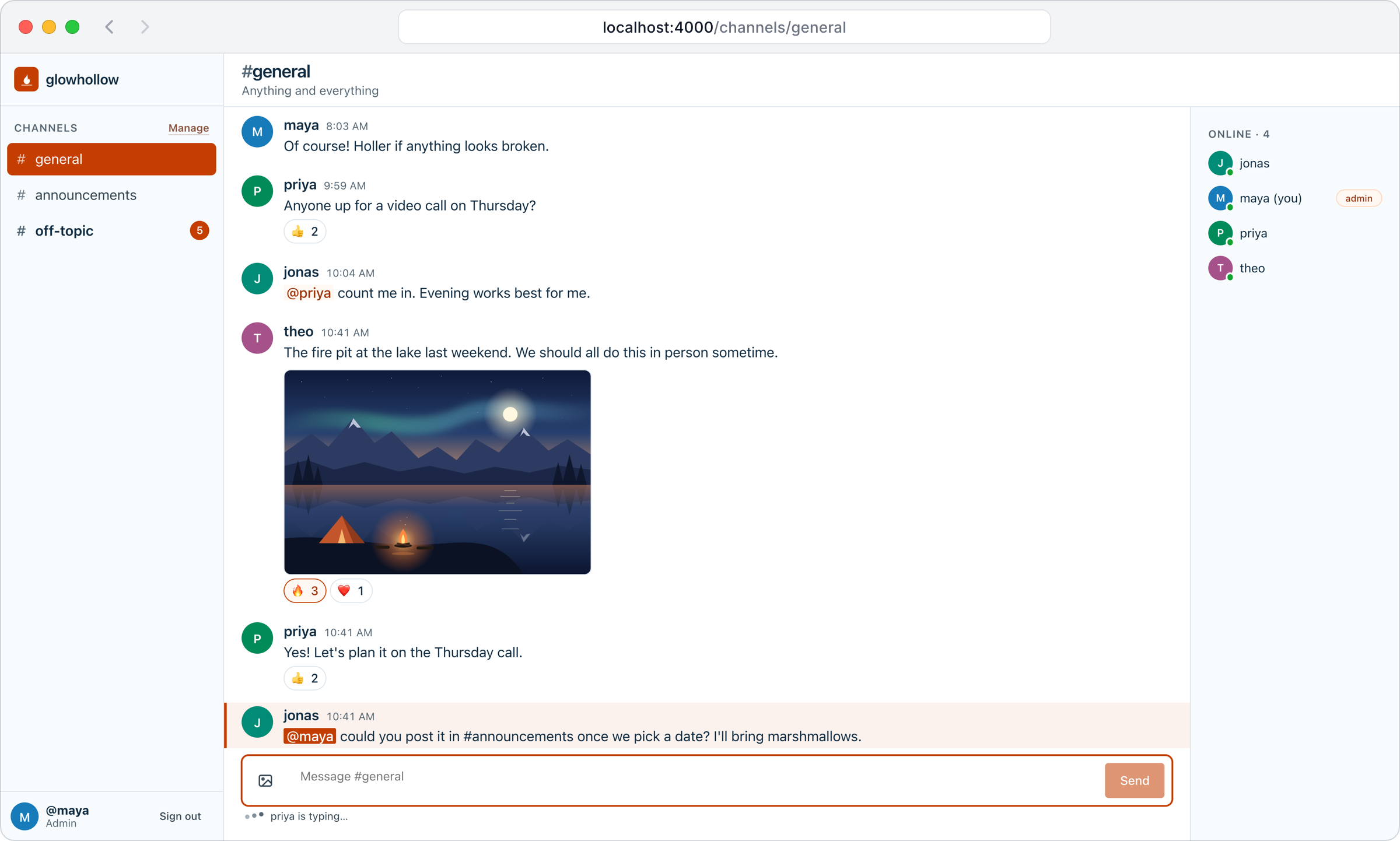 Glowhollow at localhost:4000: a #general channel with messages, a photo with emoji reactions, an @mention, an unread badge on another channel, four members online, and a note that priya is typing