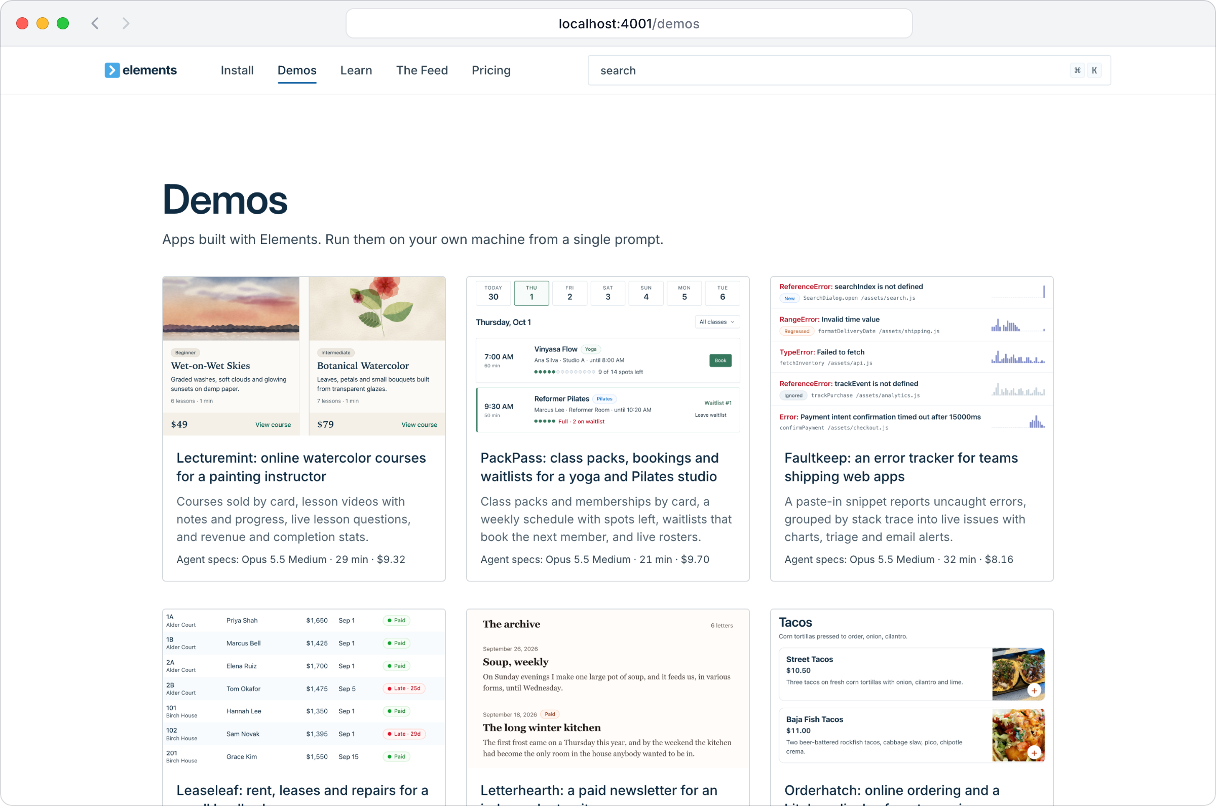 The demos page on elements.dev, a grid of cards for demo apps such as a course platform, a class pass studio and an error tracker