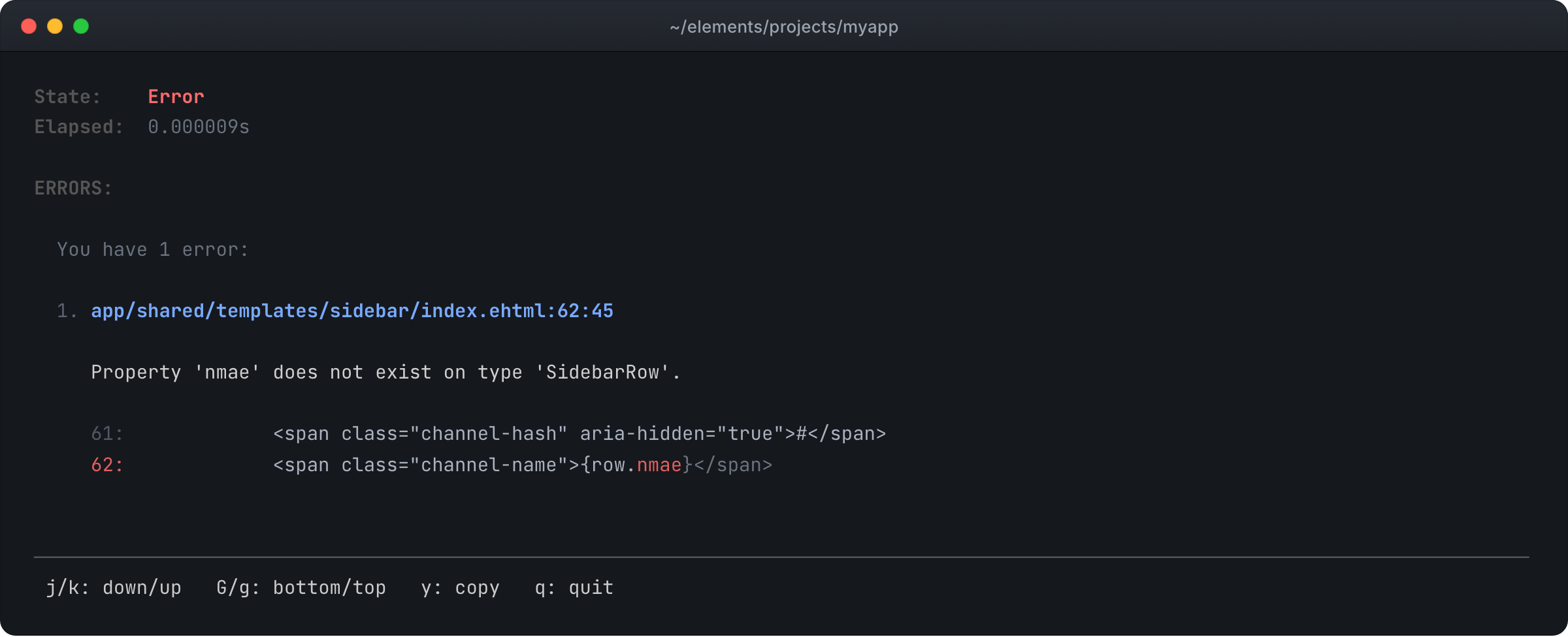 The elements build view with State: Error and one error in app/shared/templates/sidebar/index.ehtml at line 62: Property 'nmae' does not exist on type 'SidebarRow', with lines 61 to 63 of the template and the misspelled property in red