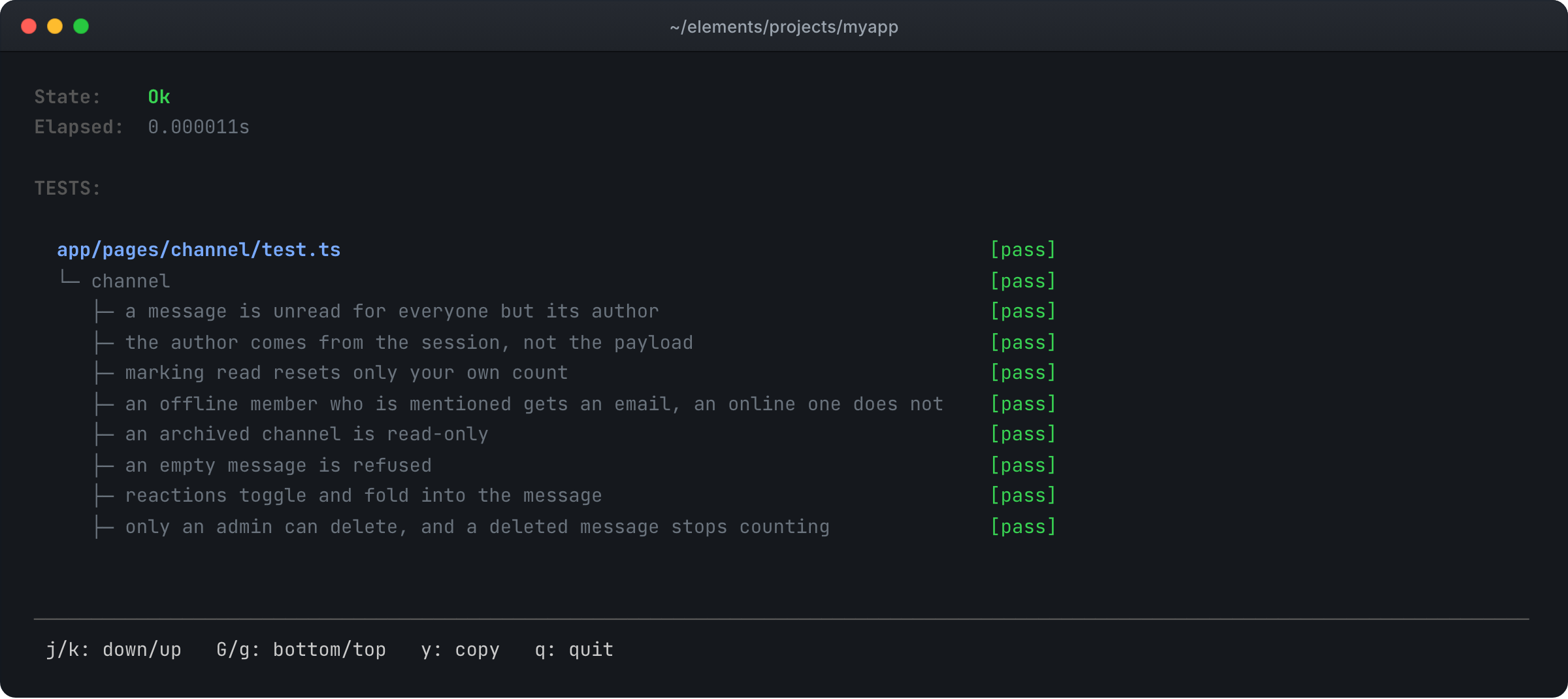 The elements test view for app/pages/channel/test.ts alone, with State: Ok in 0.000011 seconds and each channel test marked pass, such as the author comes from the session, not the payload