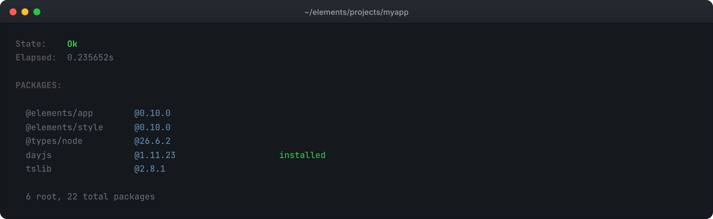 The elements install view after elements install dayjs: State: Ok, then the app's packages with their versions, dayjs at 1.11.23 marked installed, and 6 root, 22 total packages