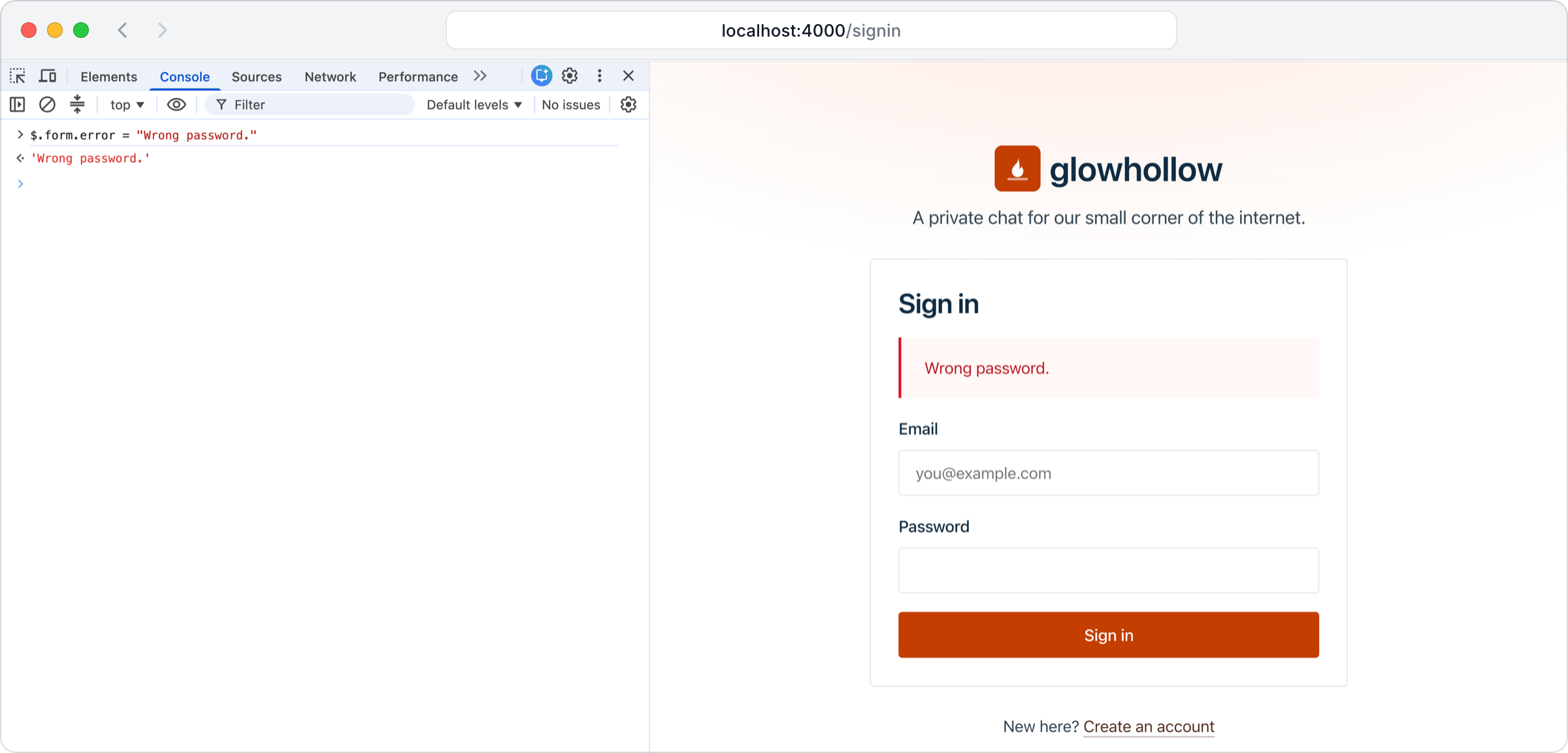 Chrome with the developer console on the left, where $.form.error = "Wrong password." has been entered, and the Glowhollow sign-in page on the right now showing a Wrong password. error above the email and password fields
